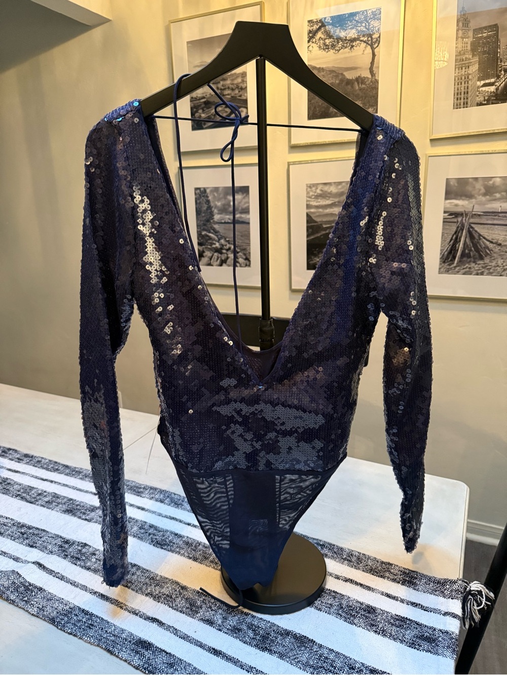 Bardot Navy Sequin Long-Sleeve Deep V Back Bodysuit